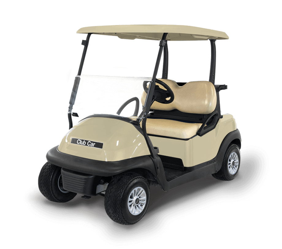 Service Photo Green golf carts stationed along a line